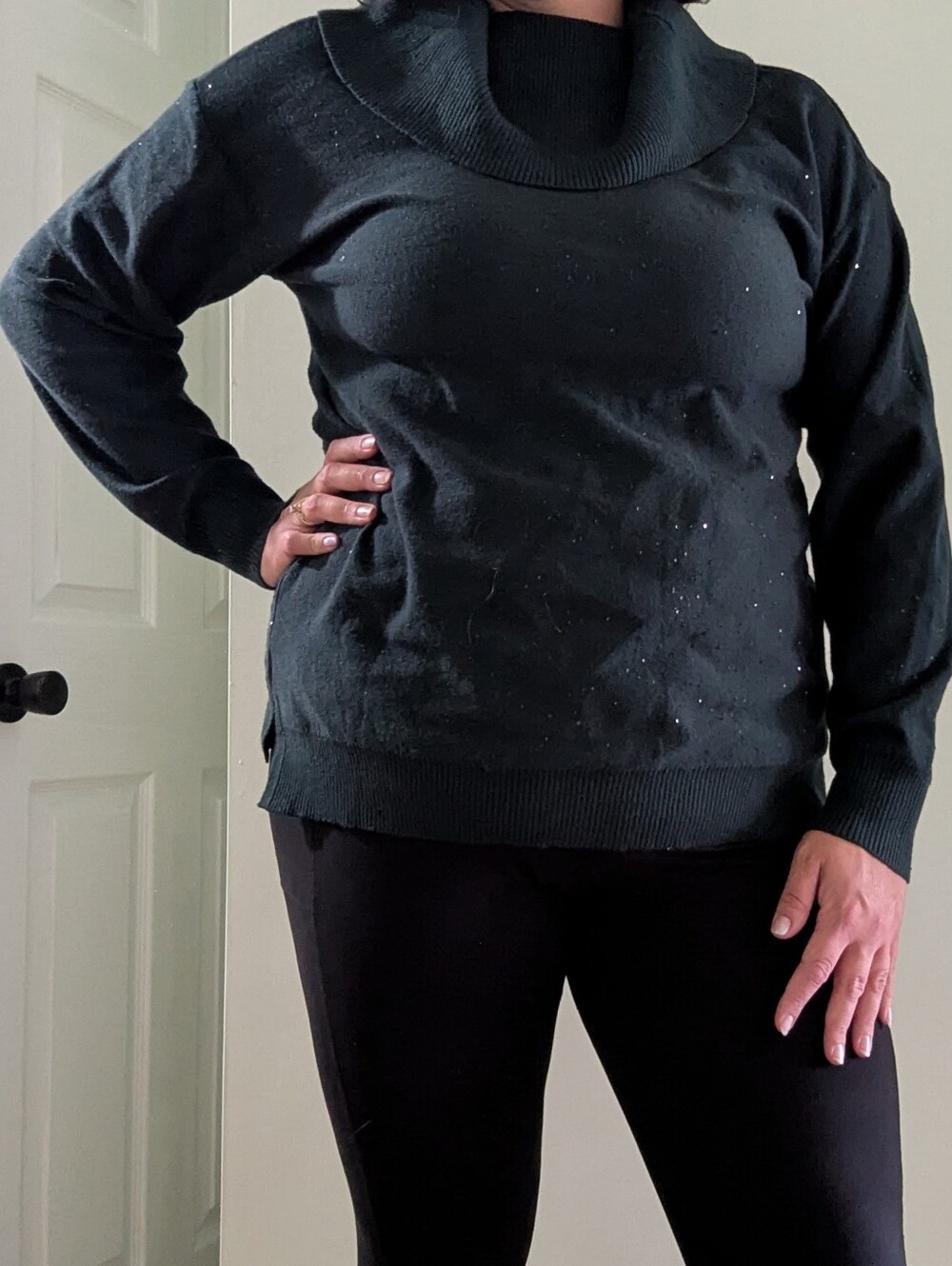 Women's Large LG Dark Forest Green Cowl Neck Sweater